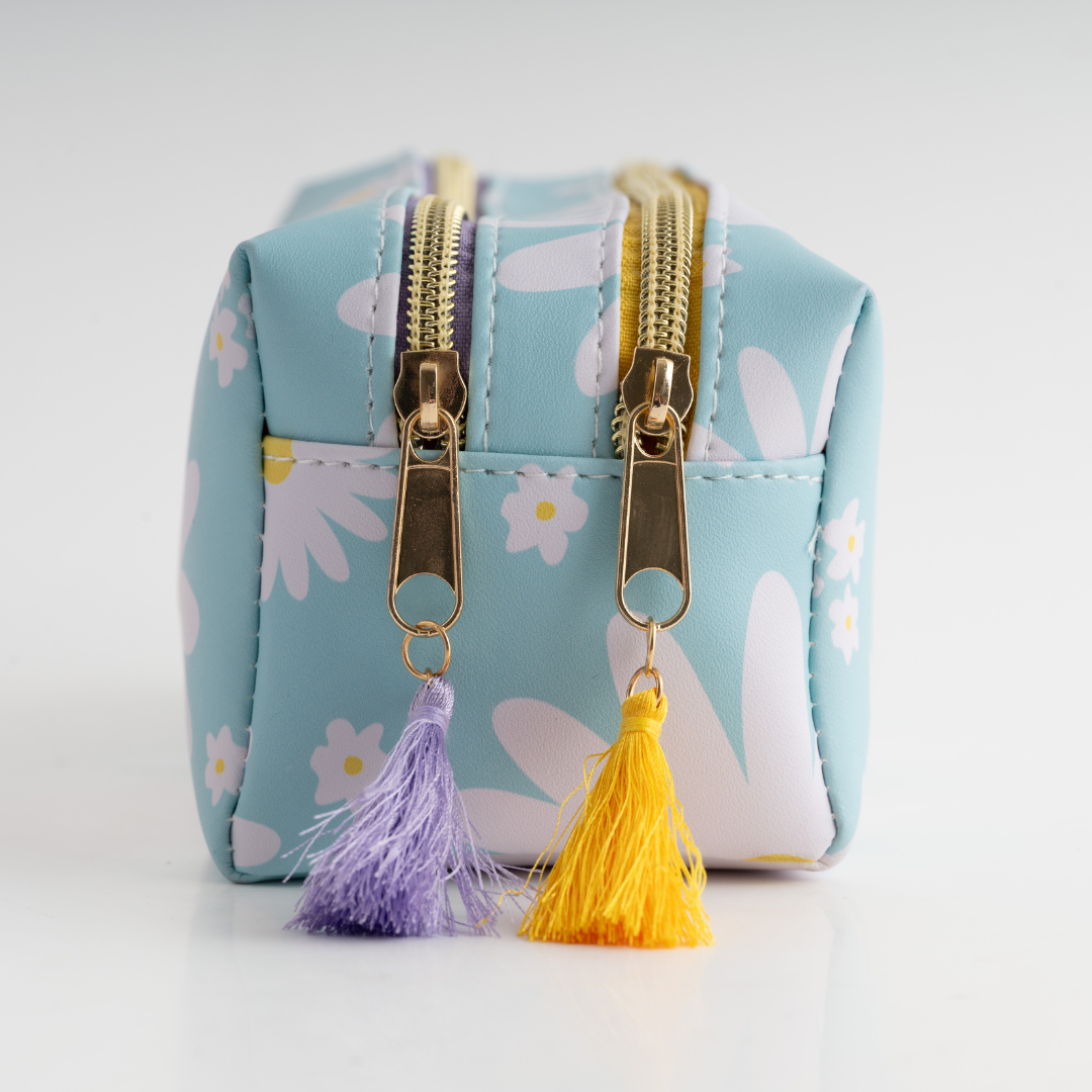 Double Zip Pencil Case - Mint Daisy