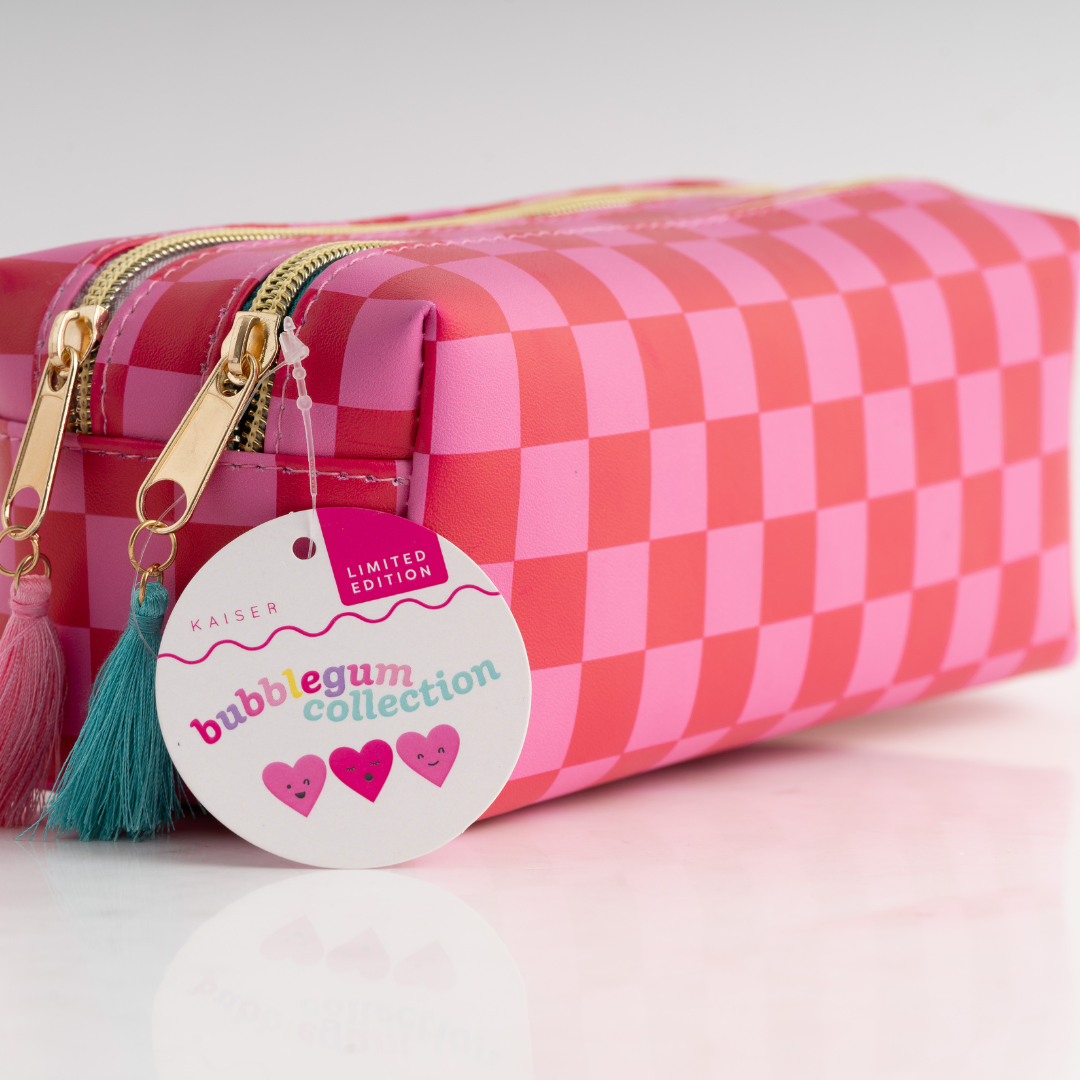 Double Zip Pencil Case - Magenta Check