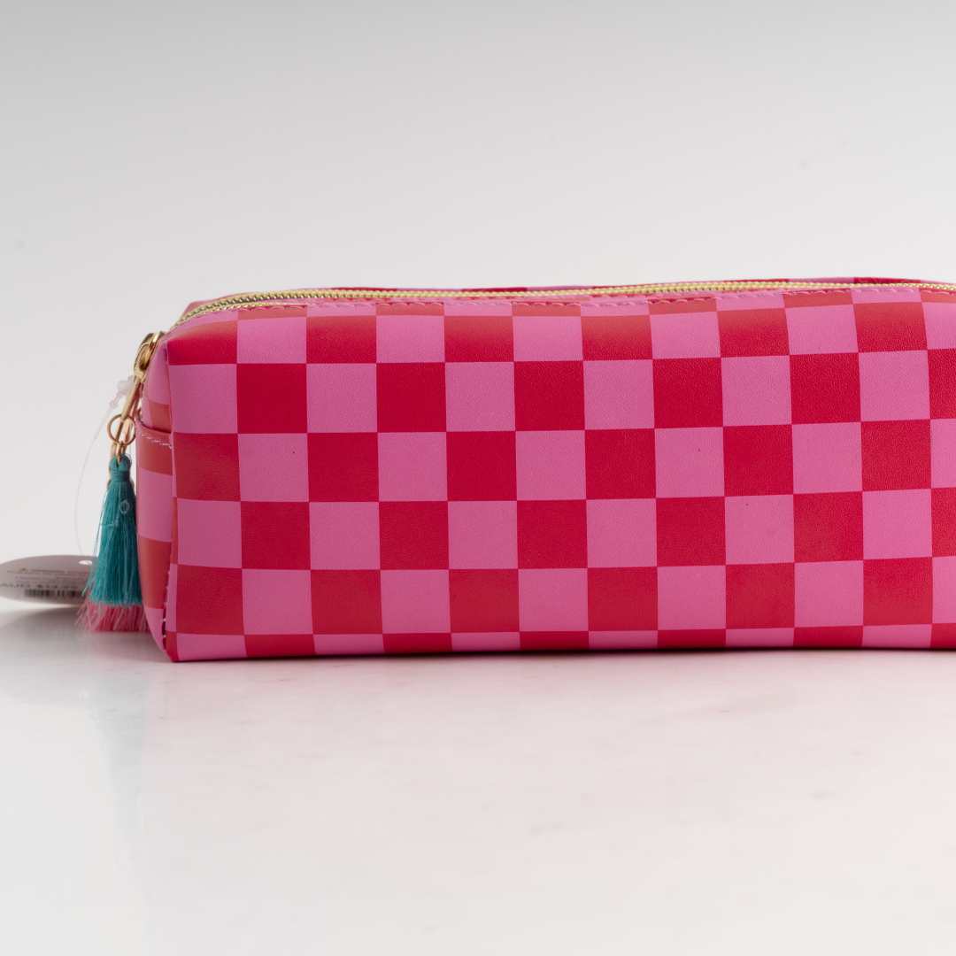 Double Zip Pencil Case - Magenta Check