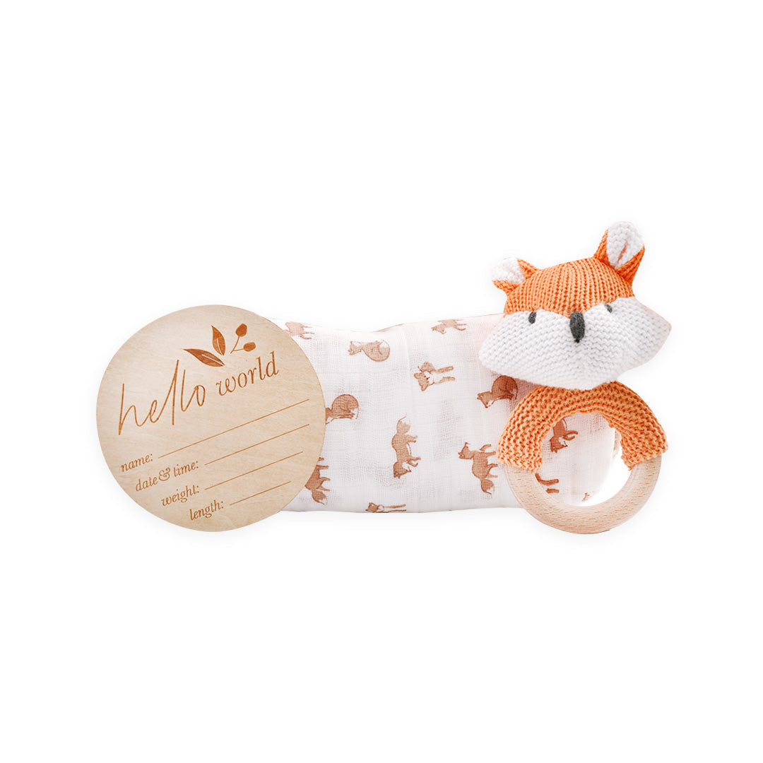 Muslin Swaddle & Rattle Gift Set - Little Fox