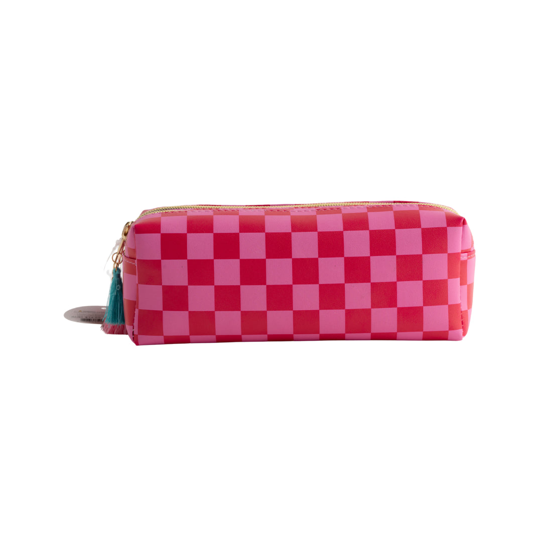 Double Zip Pencil Case - Magenta Check